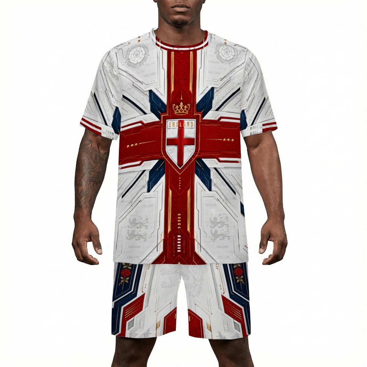 Person wearing a Union Jack-themed outfit on a white background
