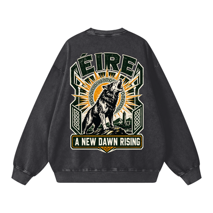 Oversized snow-washed sweatshirt, dark gray, large back wolf graphic with A NEW DAWN RISING