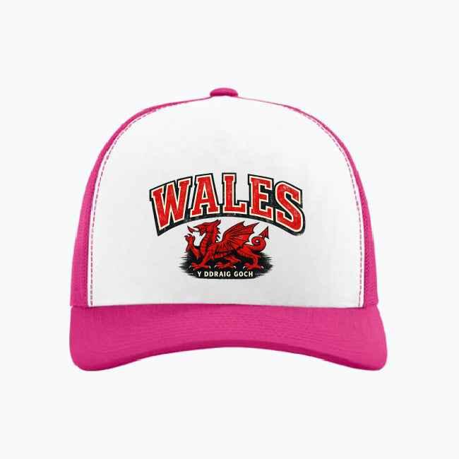 Pink and white trucker cap with Wales logo patch on front — Celtic heritage product gift | Celtic Wolf Wear® UK
