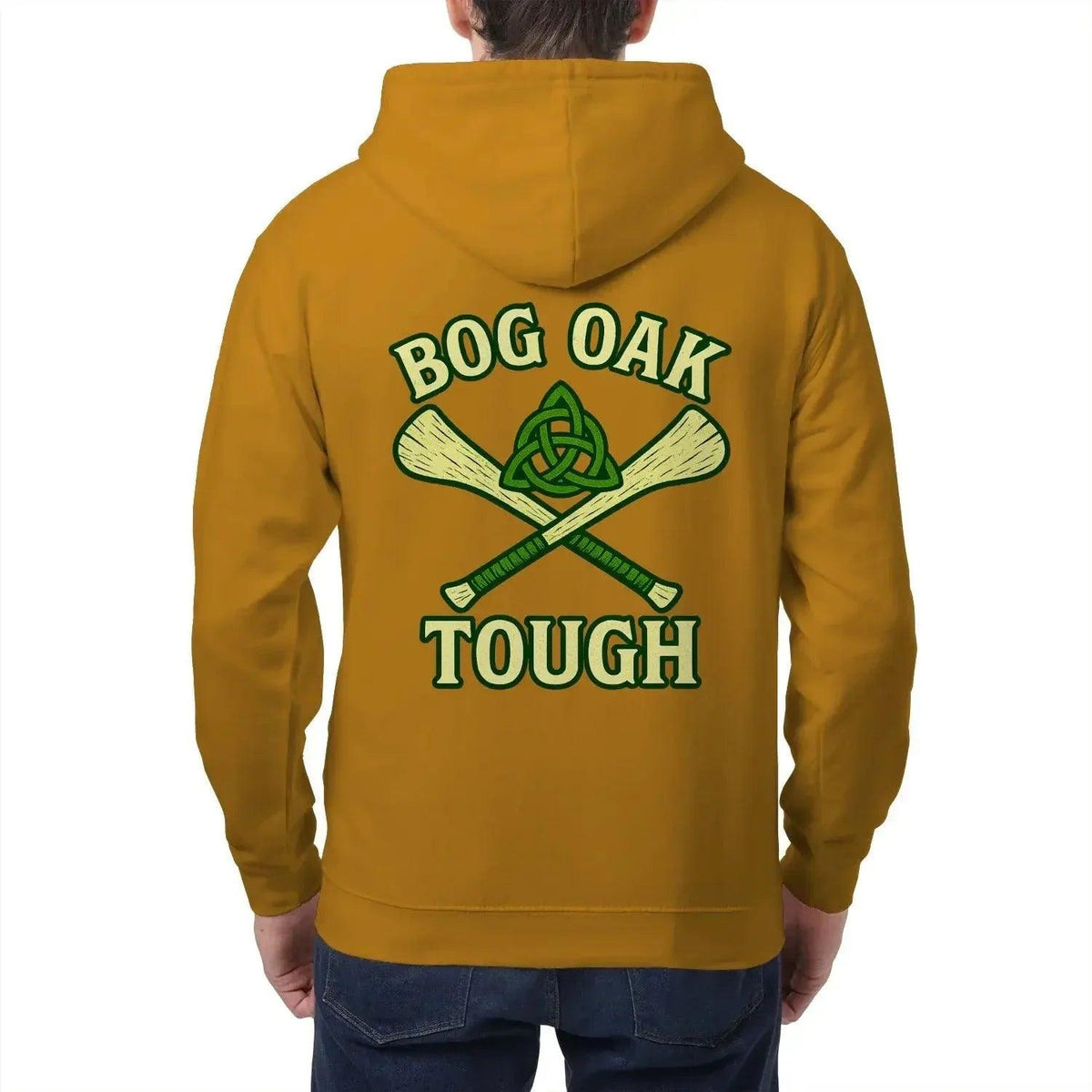 Mustard zip-up fleece hoodie with back graphic text BOG OAK TOUGH