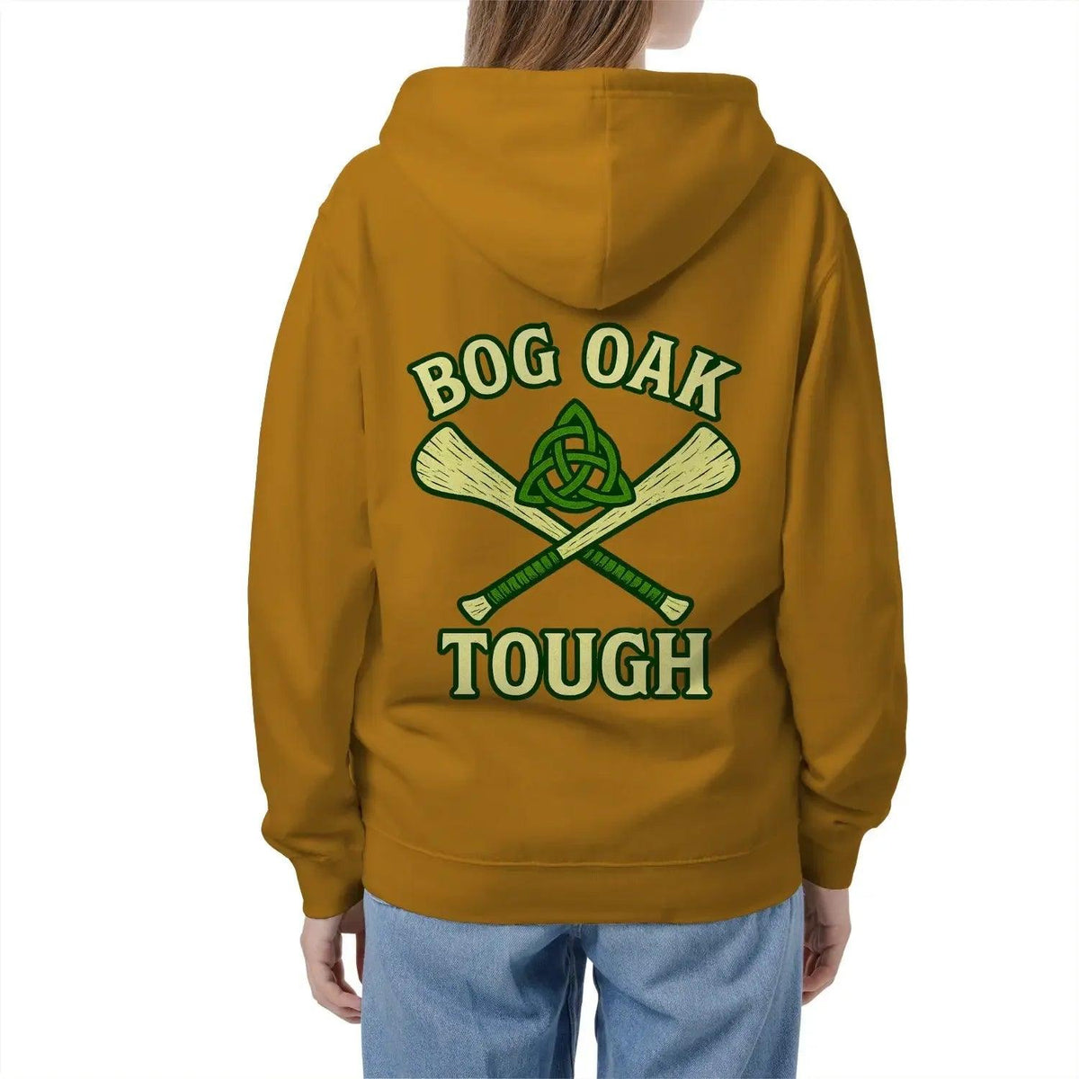 Mustard zip-up fleece hoodie with back graphic BOG OAK TOUGH and crossed sticks