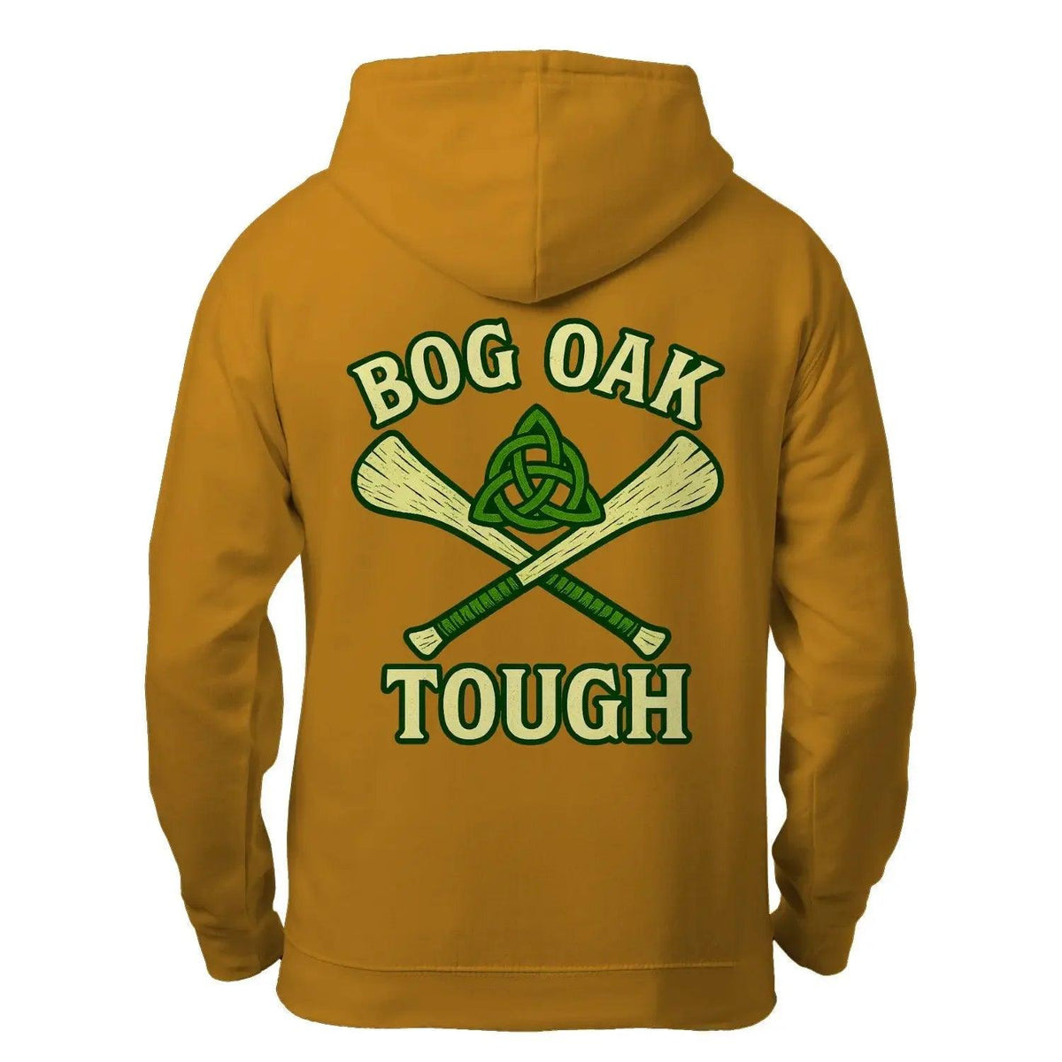 Mustard zip-up fleece hoodie with back graphic BOG OAK TOUGH and crossed rods