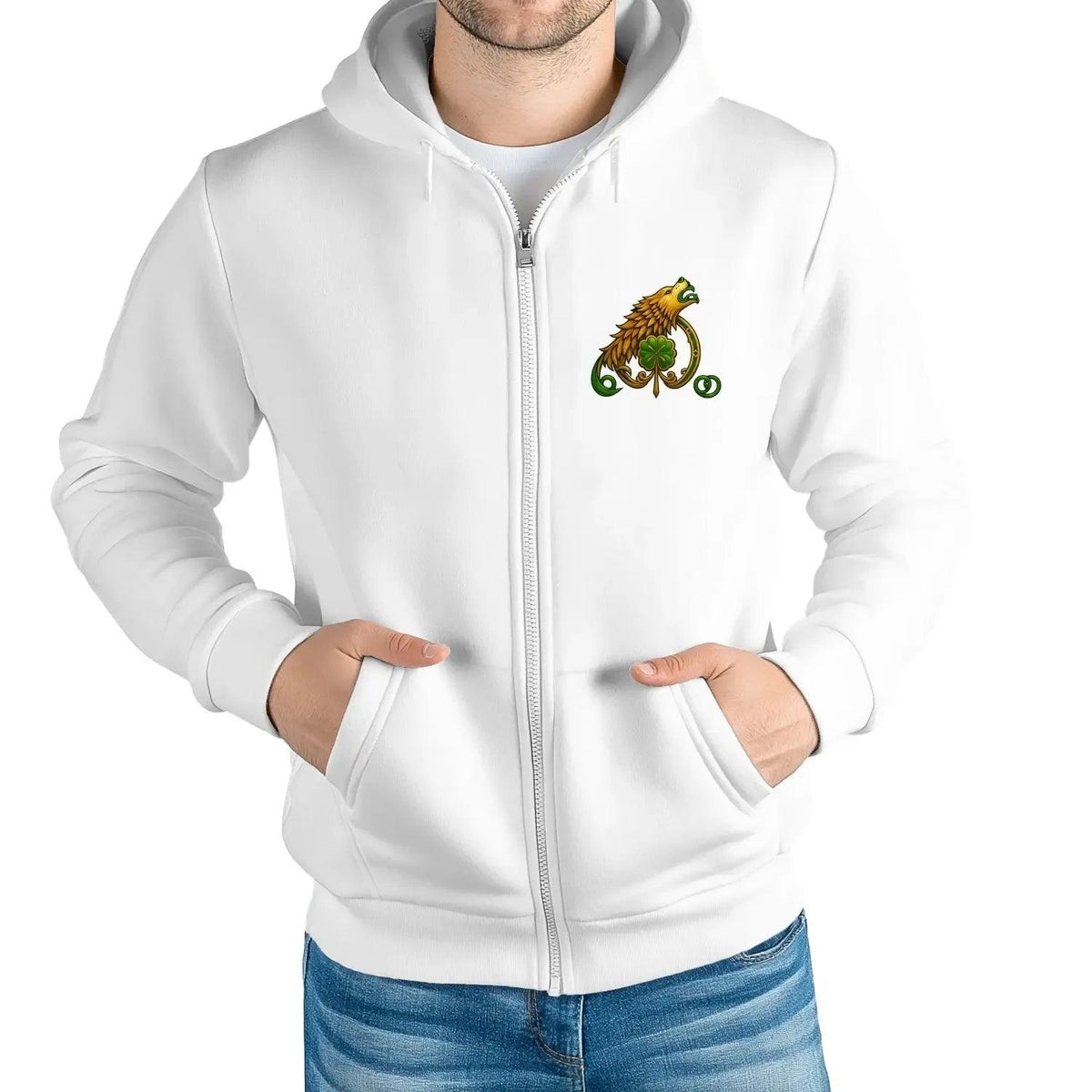 White zip-up fleece hoodie with DTG-printed chest emblem and front zipper