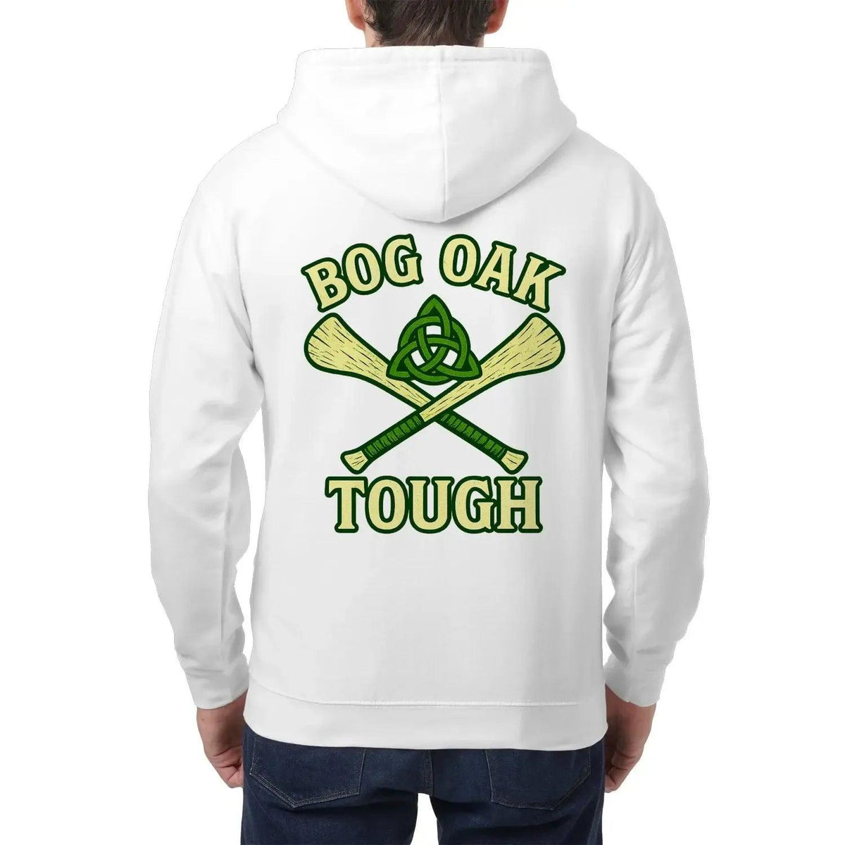 White zip-up fleece hoodie with back graphic BOG OAK TOUGH over the hood