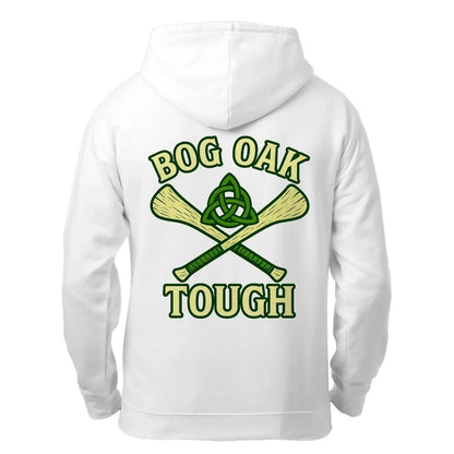 White fleece zip hoodie with large green "BOG OAK TOUGH" front graphic