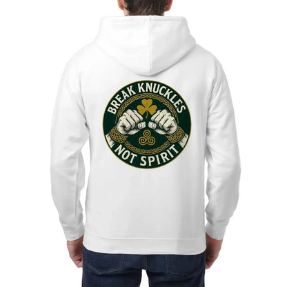 White zip-up hoodie with hood; large back circular graphic with fists and text.