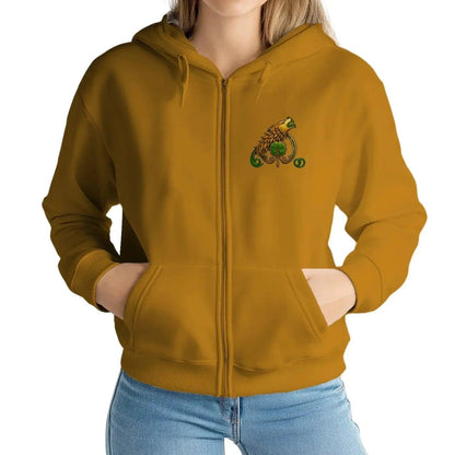 Mustard yellow zip-up hoodie with front zipper and small chest graphic