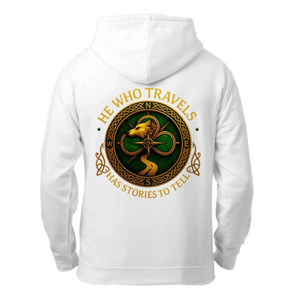 White zip-up hoodie with back Celtic wolf emblem and decorative text graphic