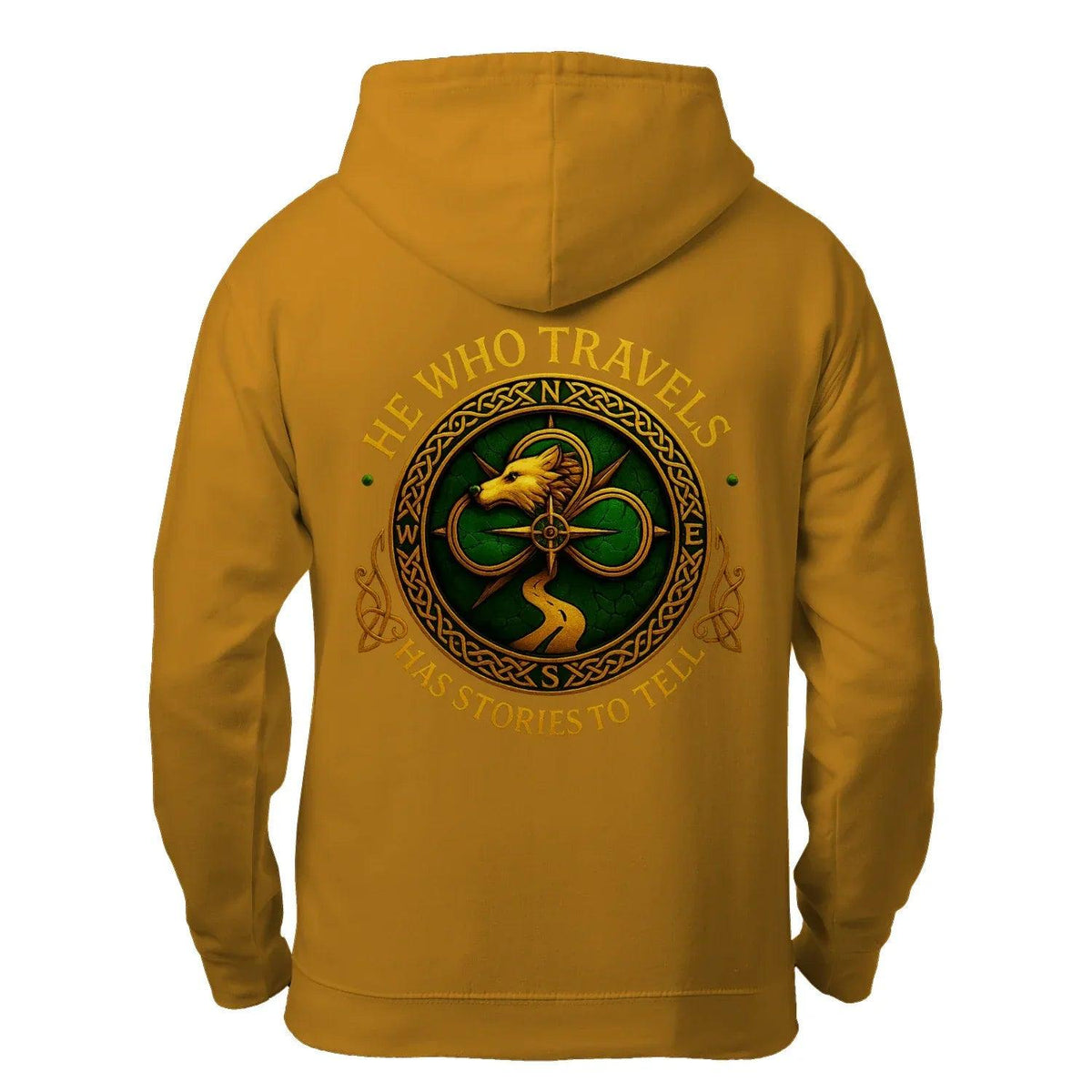 Mustard-brown zip-up hoodie with back Celtic wolf and clover graphic