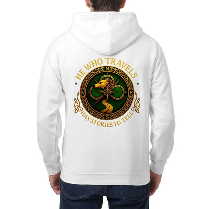 White zip-up hoodie with large back Celtic wolf and clover graphic