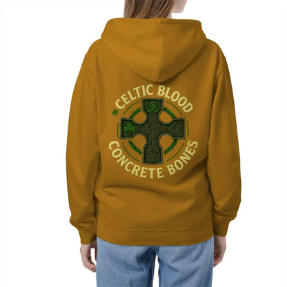 Mustard zip-up hoodie back with Celtic Blood Concrete Bones cross graphic