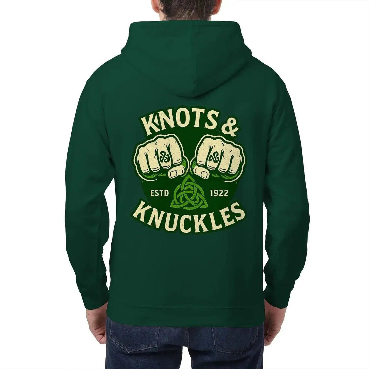 Bottle green zip hoodie with hood, back graphic "Knots & Knuckles".