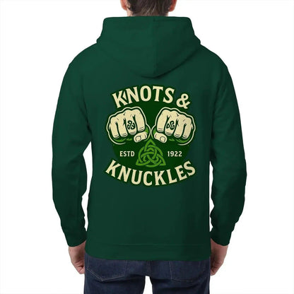 Bottle green zip hoodie with hood, back graphic "Knots & Knuckles".