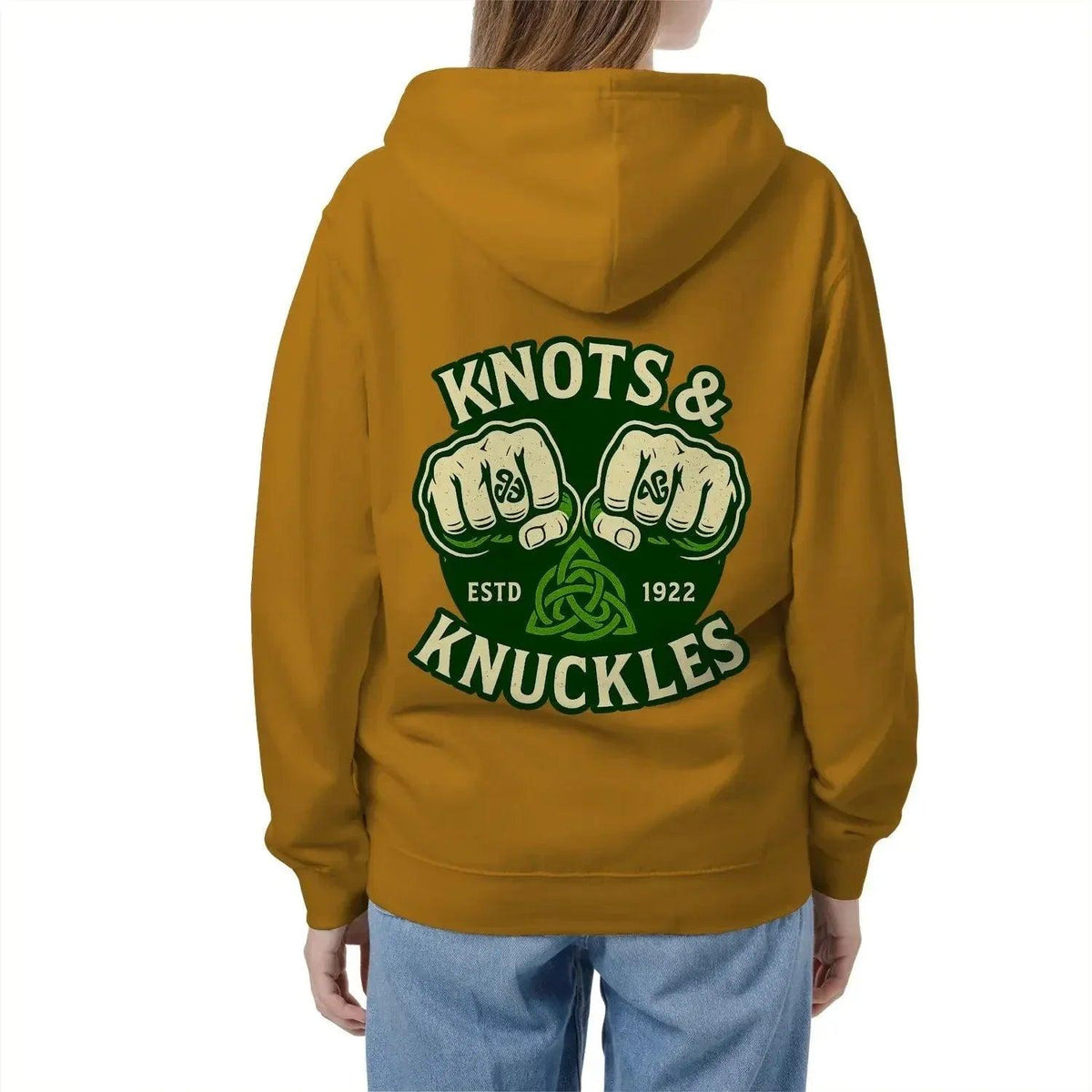Mustard yellow zip hoodie with hood, back graphic "Knots & Knuckles".
