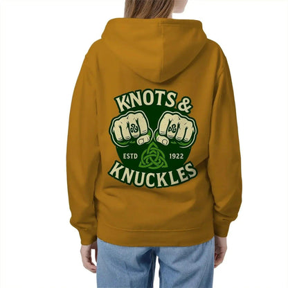 Mustard yellow zip hoodie with hood, back graphic "Knots & Knuckles".
