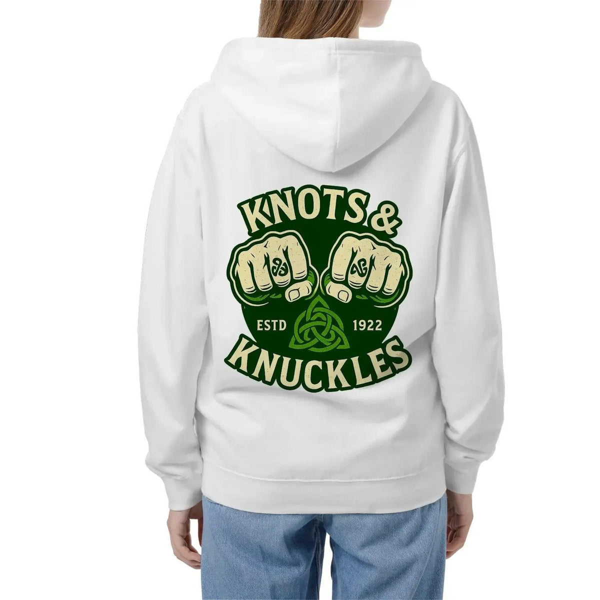 White zip-up hoodie with hood and large back graphic print