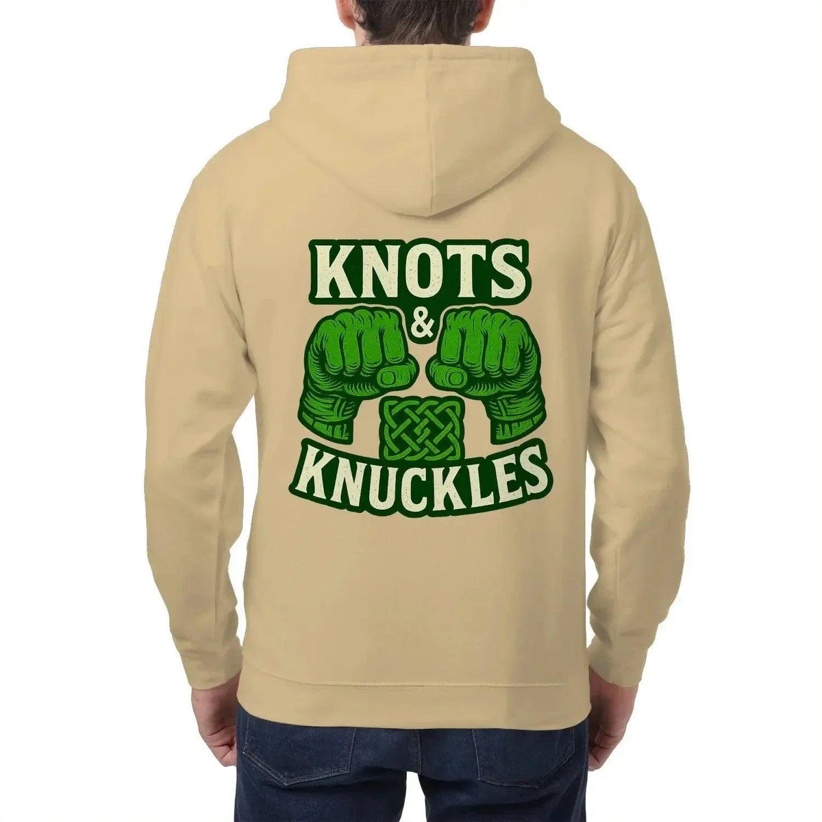 Cream zip hoodie with green 'Knots & Knuckles' back graphic and hood