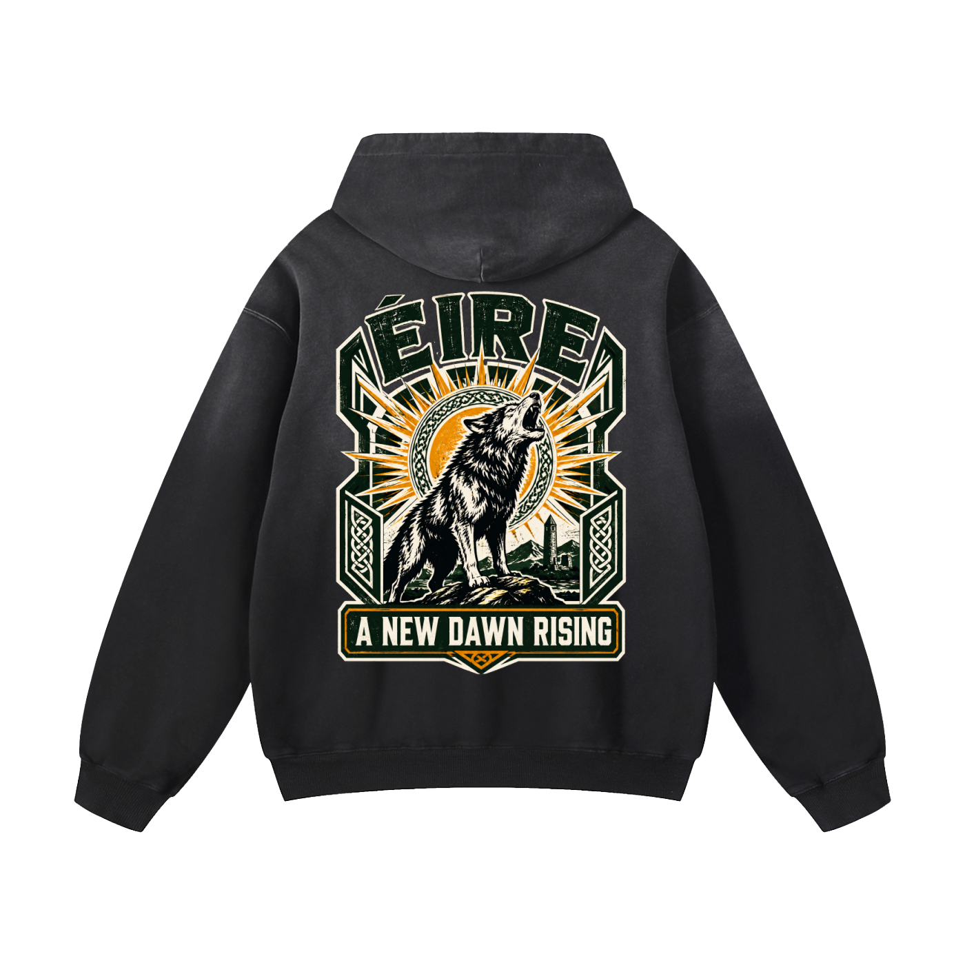 Charcoal dark oversized hoodie with back graphic print, hood, and front pouch pocket