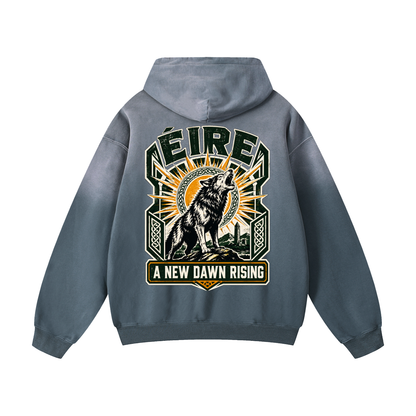 Slate blue oversized hoodie with back graphic print, hood, and front pouch pocket