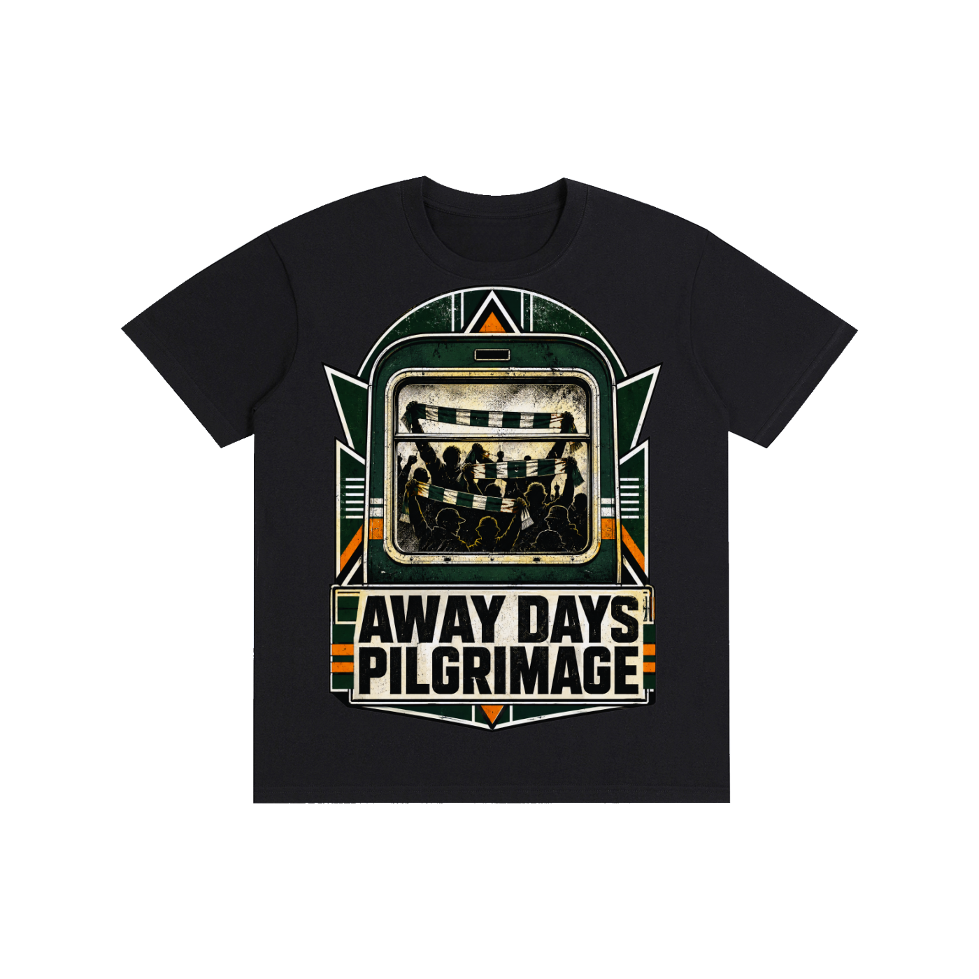 Black unisex pure-cotton T-shirt with front “Away Days Pilgrimage” graphic