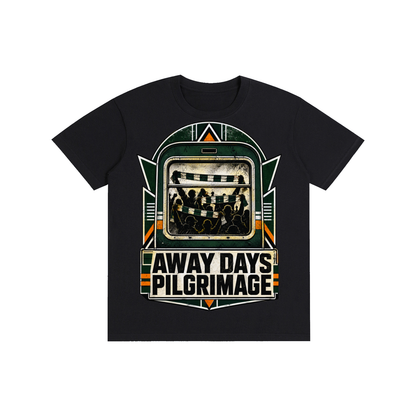 Black unisex pure-cotton T-shirt with front “Away Days Pilgrimage” graphic