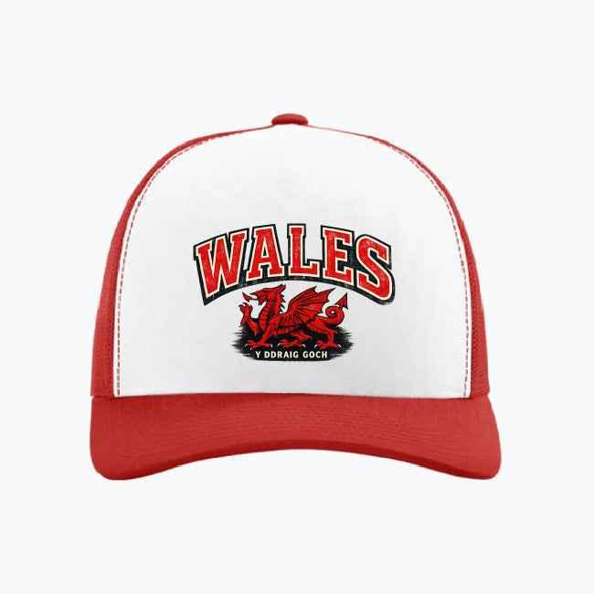 Red and white trucker cap with Wales logo patch on front — Celtic heritage product gift | Celtic Wolf Wear® UK