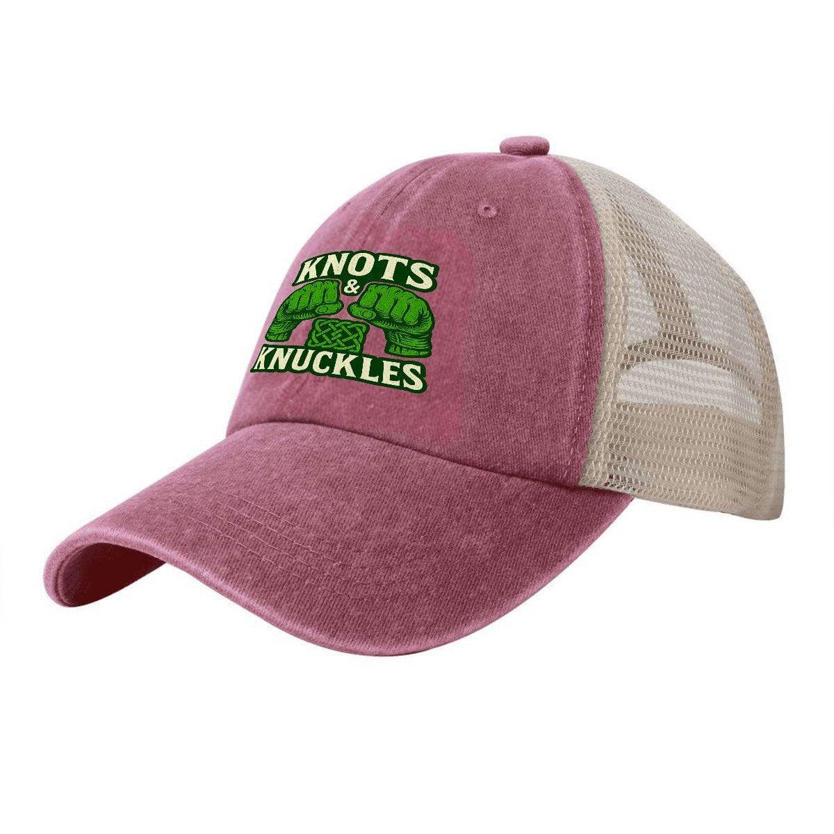Washed denim baseball cap with purple front, beige mesh back, and green 'Knuts & Knuckles' logo