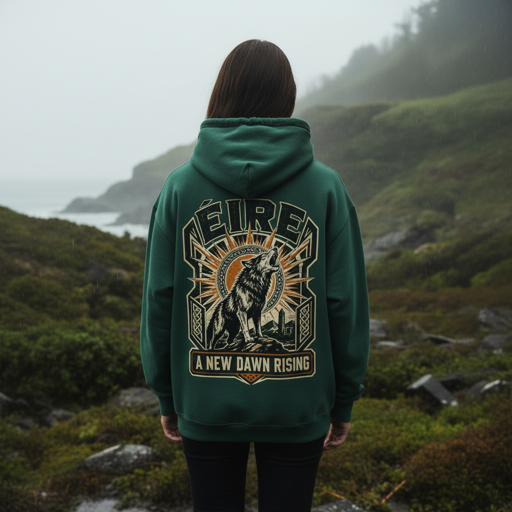 Oversized green hoodie with back graphic and front pouch pocket, hood and long sleeves