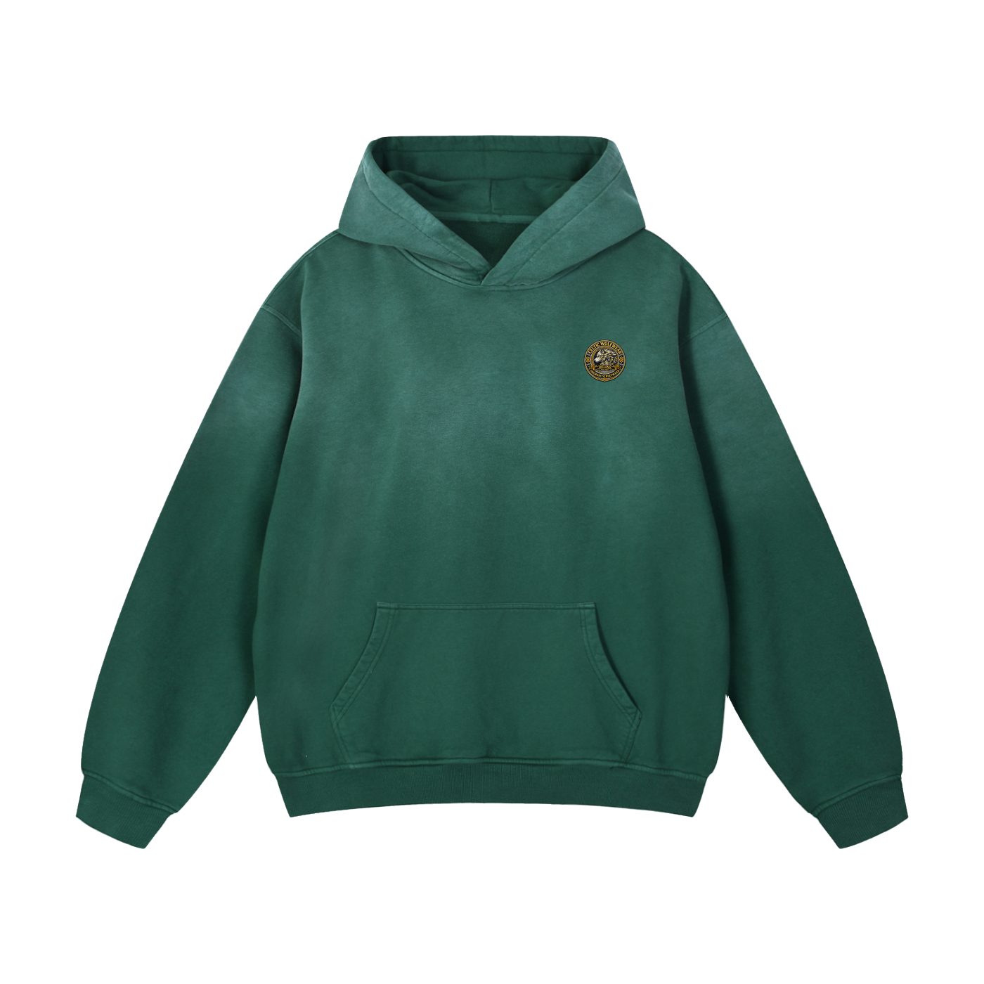Green oversized hoodie with hood, front pouch pocket, and small chest logo patch