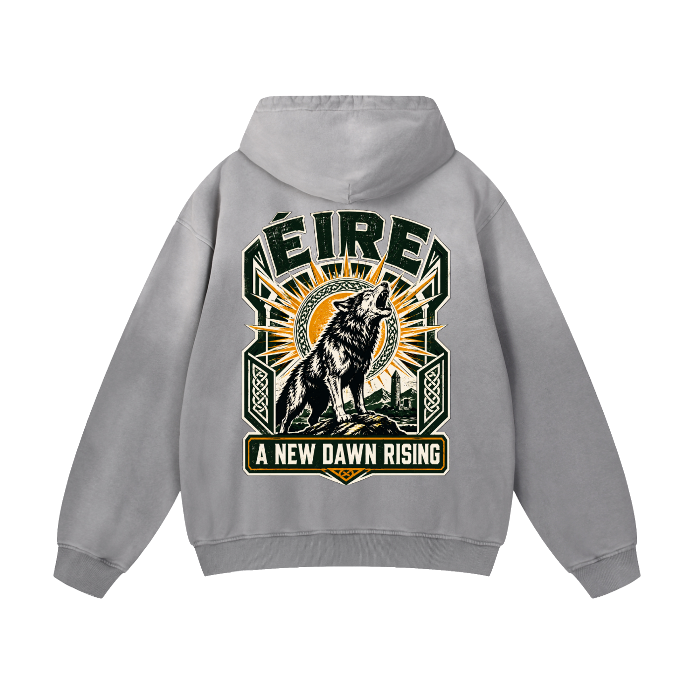Light gray oversized hoodie with back graphic print, hood, and front pouch pocket