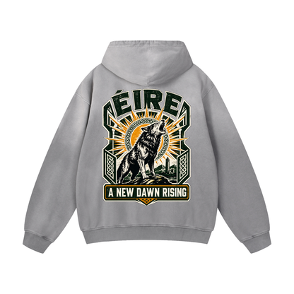 Light gray oversized hoodie with back graphic print, hood, and front pouch pocket