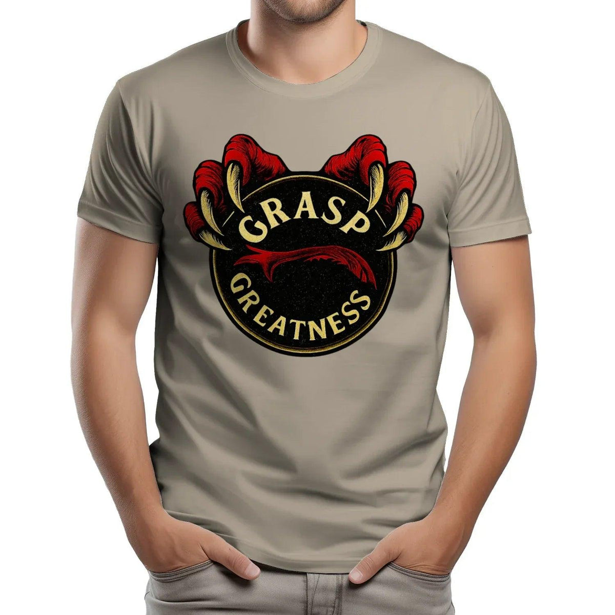 Grey t-shirt with red-and-black claw graphic and circular text emblem on front