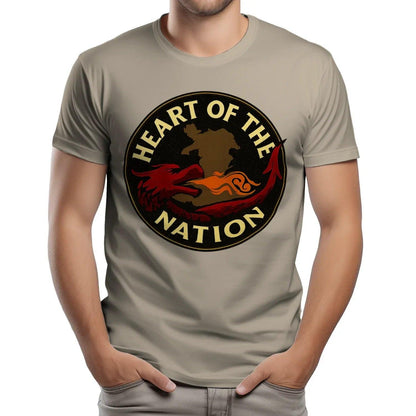Tan T-shirt with round “Heart of the Nation” dragon emblem graphic on chest