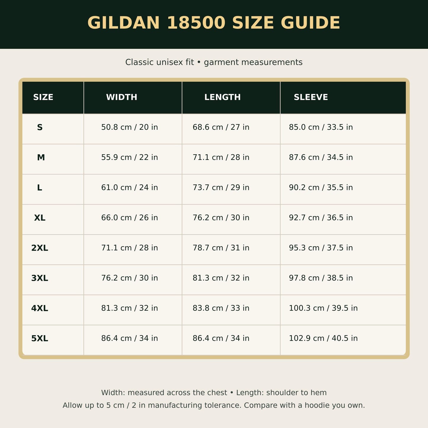 Hoodie size guide chart with width, length, and sleeve measurements