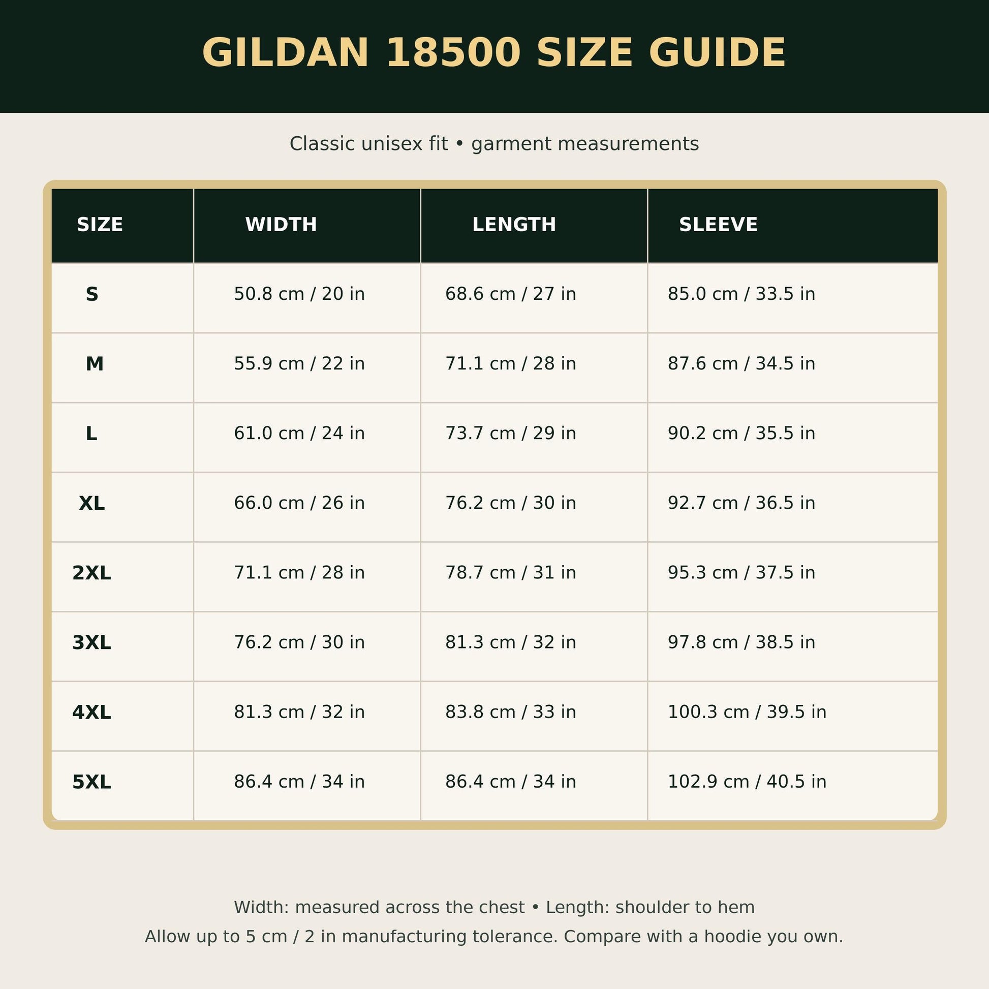 Hoodie size guide chart with width, length, and sleeve measurements