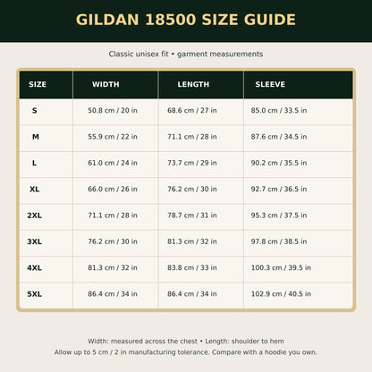 Hoodie size guide chart with width, length, and sleeve measurements
