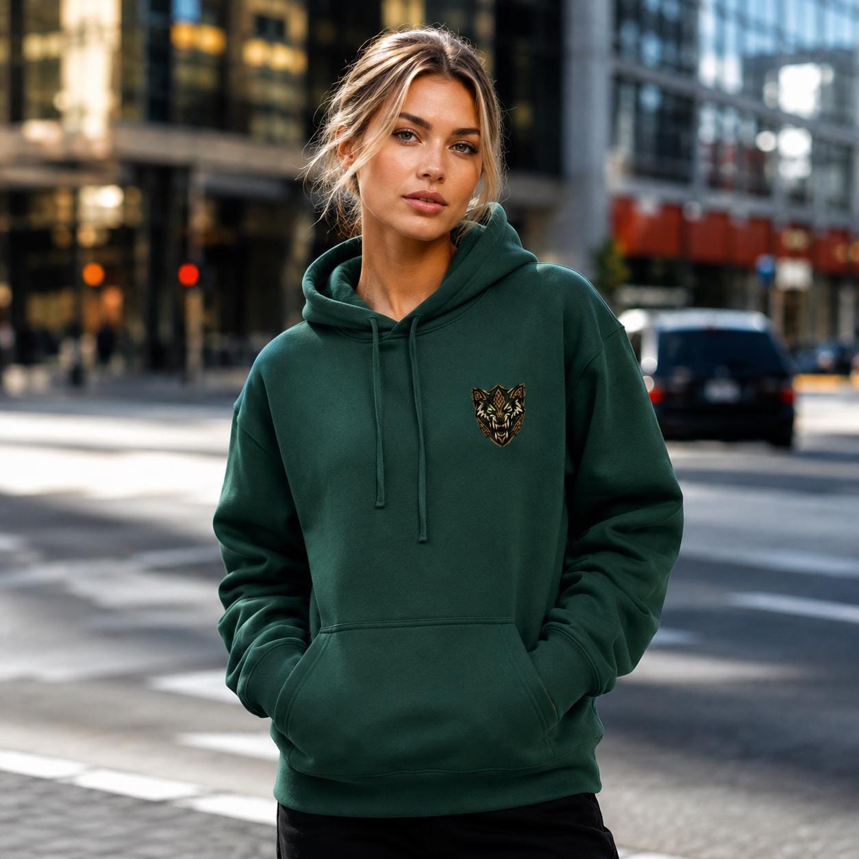 Forest green unisex hoodie with small chest crest logo and drawstring hood