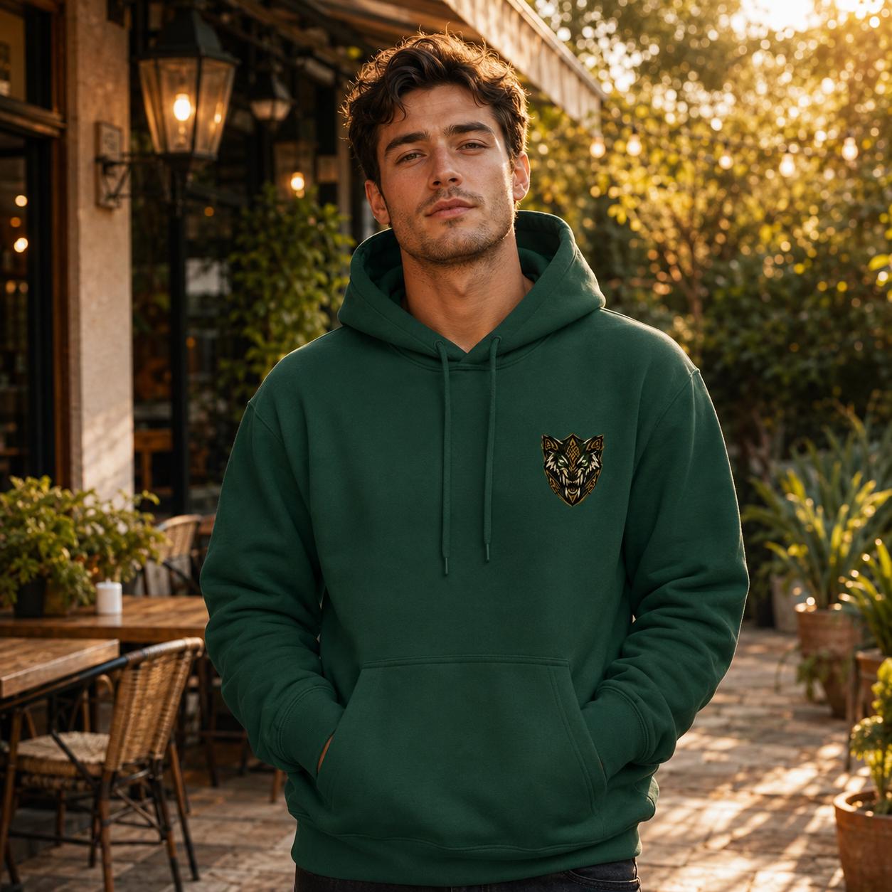 Forest green unisex hoodie with small chest crest logo and front hood