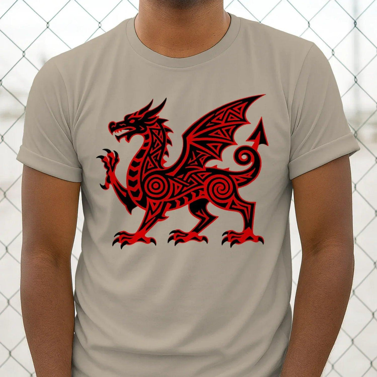 Light tan T-shirt with red dragon graphic