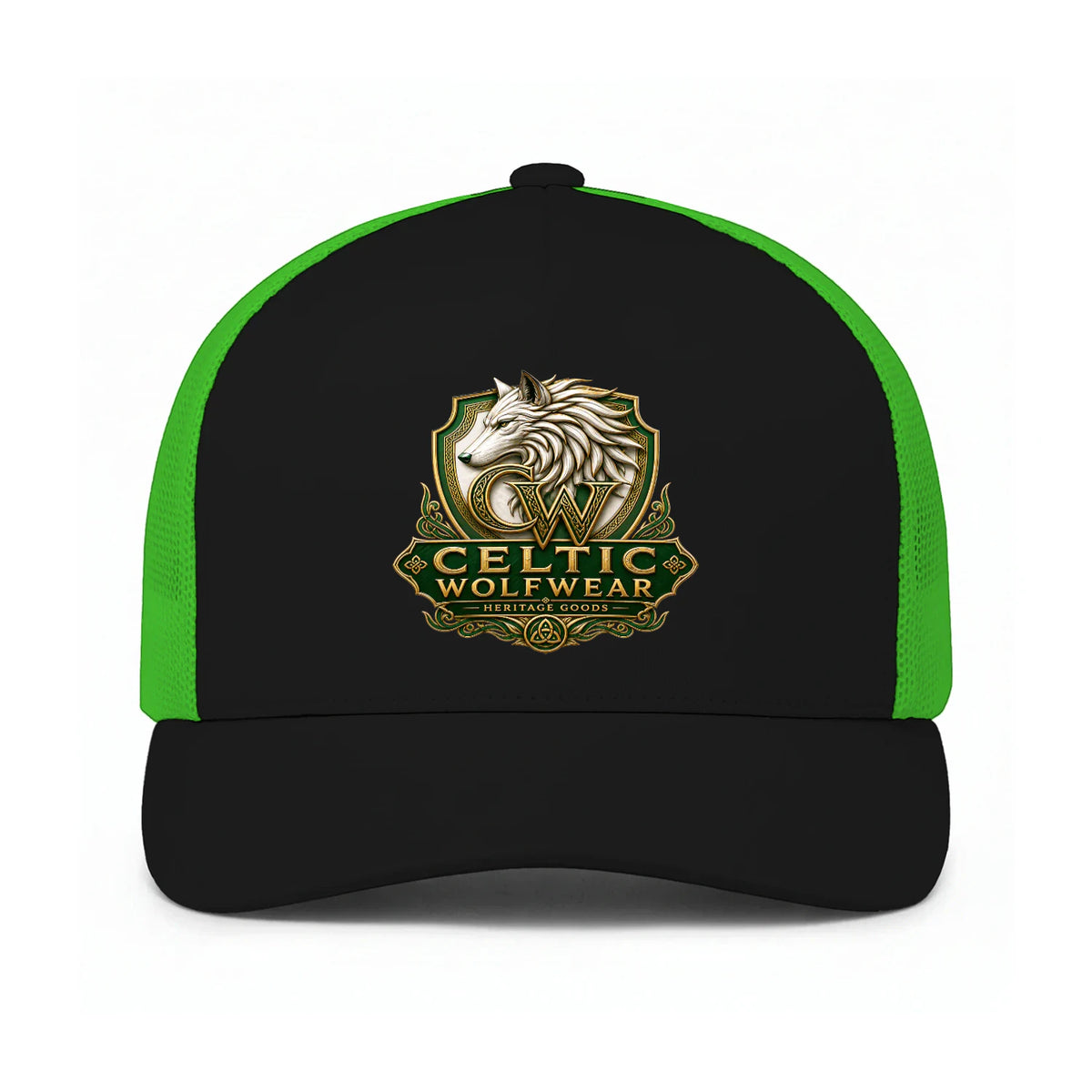 Black trucker cap with green sides and front Celtic Wolf crest logo