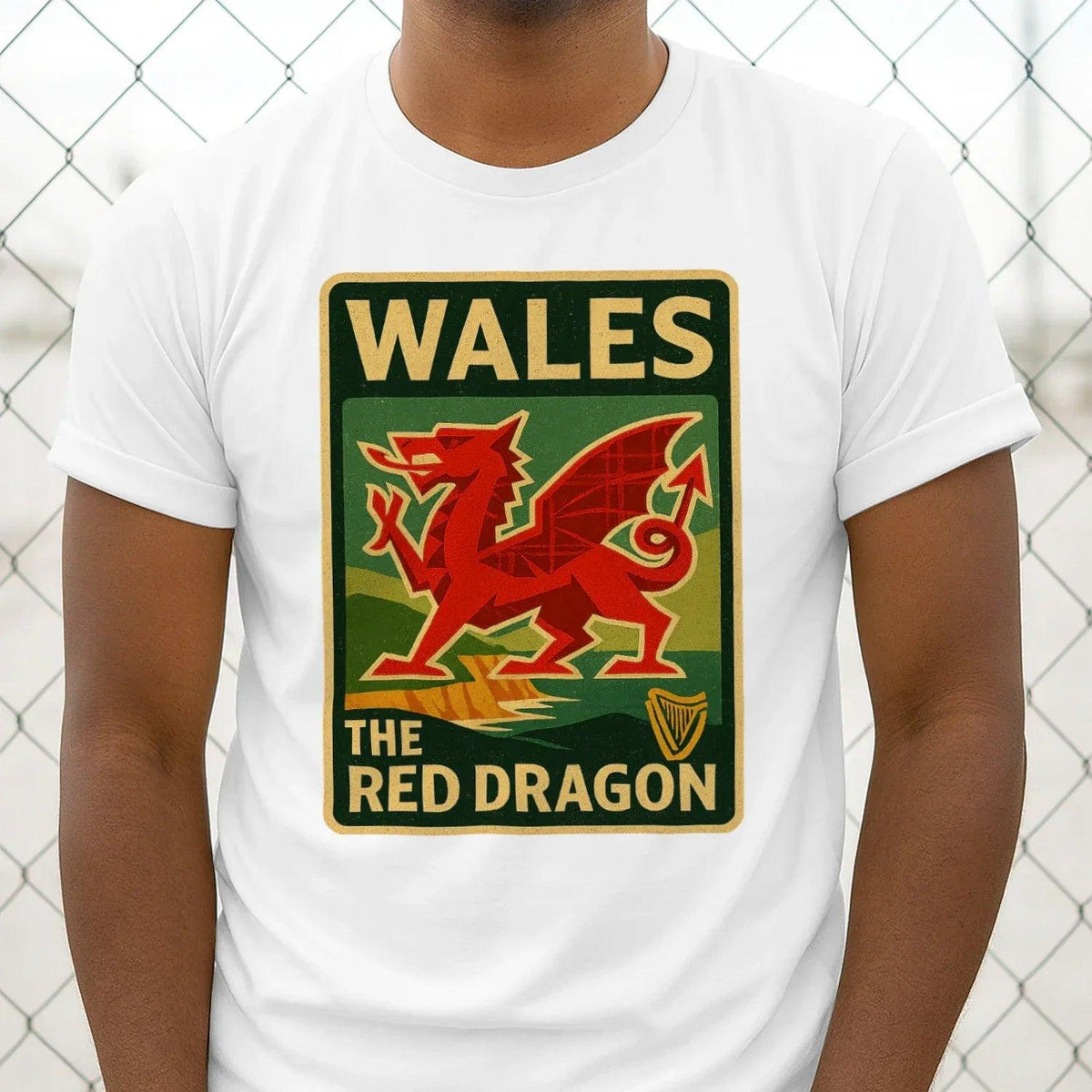 Men's white T-shirt with large Wales red dragon crest graphic at center front.