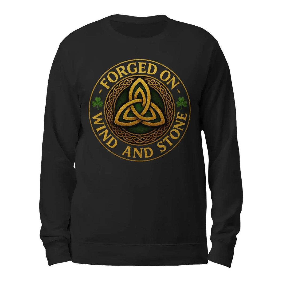 Black sweatshirt with gold Celtic emblem “Wind and Stone”, long sleeves.