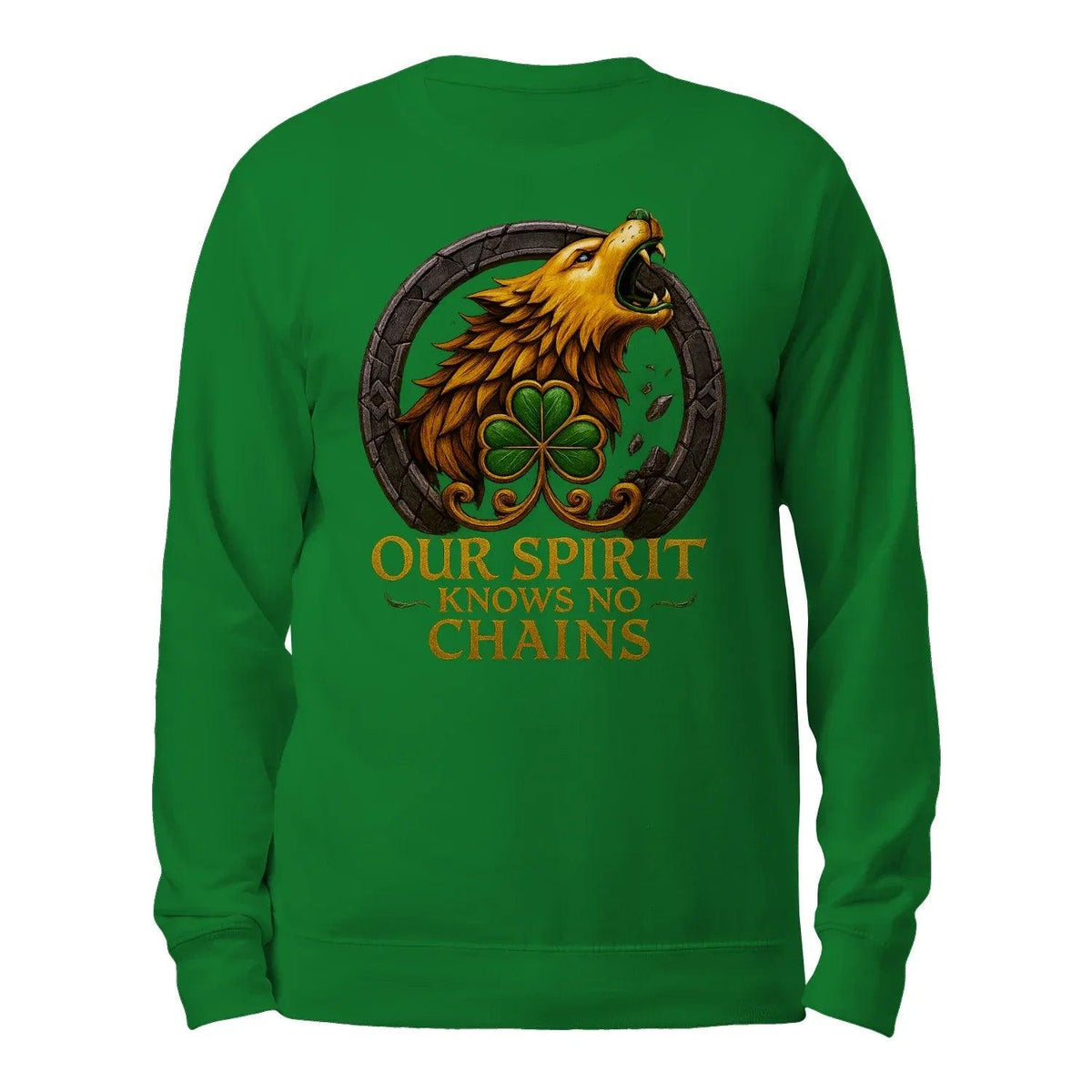 Forest green sweatshirt with back wolf-and-clover graphic and slogan text