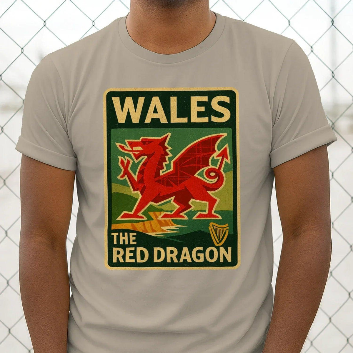 Olive green T-shirt with large Wales red dragon crest graphic, short sleeves