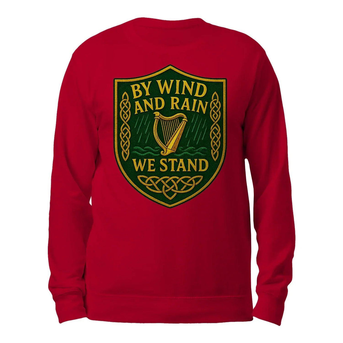 Red crewneck sweatshirt with large front crest graphic