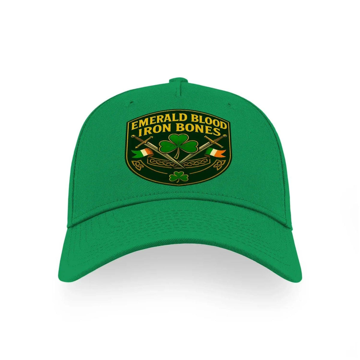 Green baseball cap with embroidered “Emerald Blood Iron Bones” crest, front view