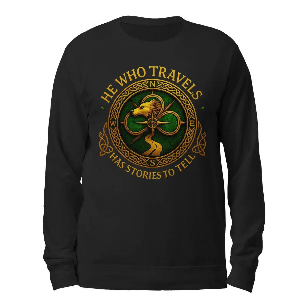 Black sweatshirt with gold dragon crest graphic and text print