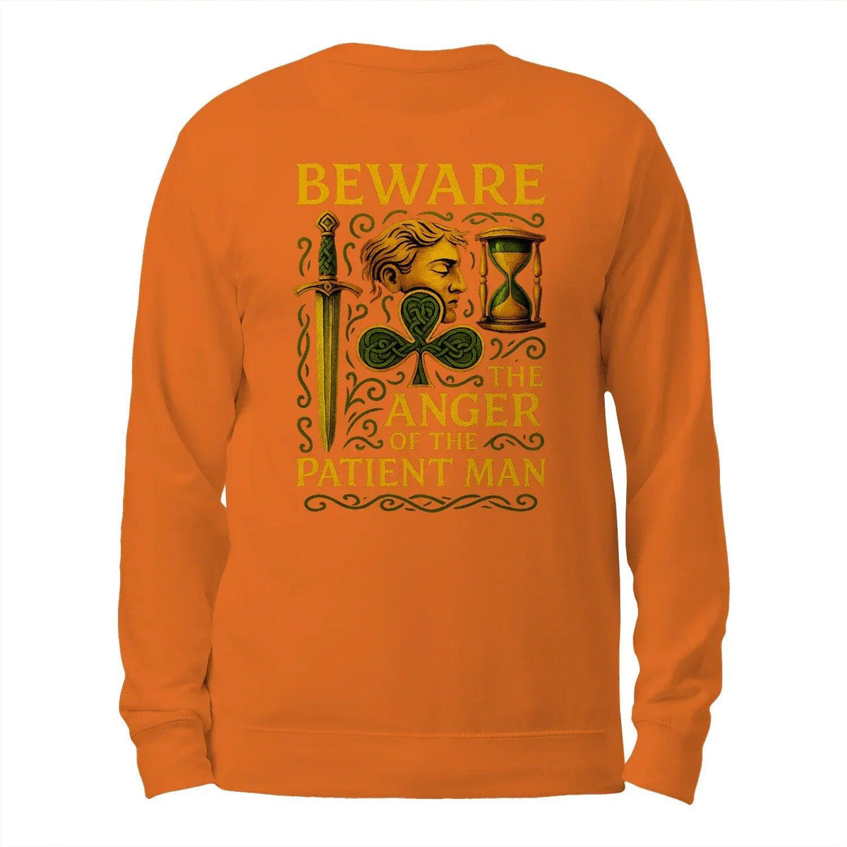 Orange crewneck sweatshirt with back graphic text and hourglass design