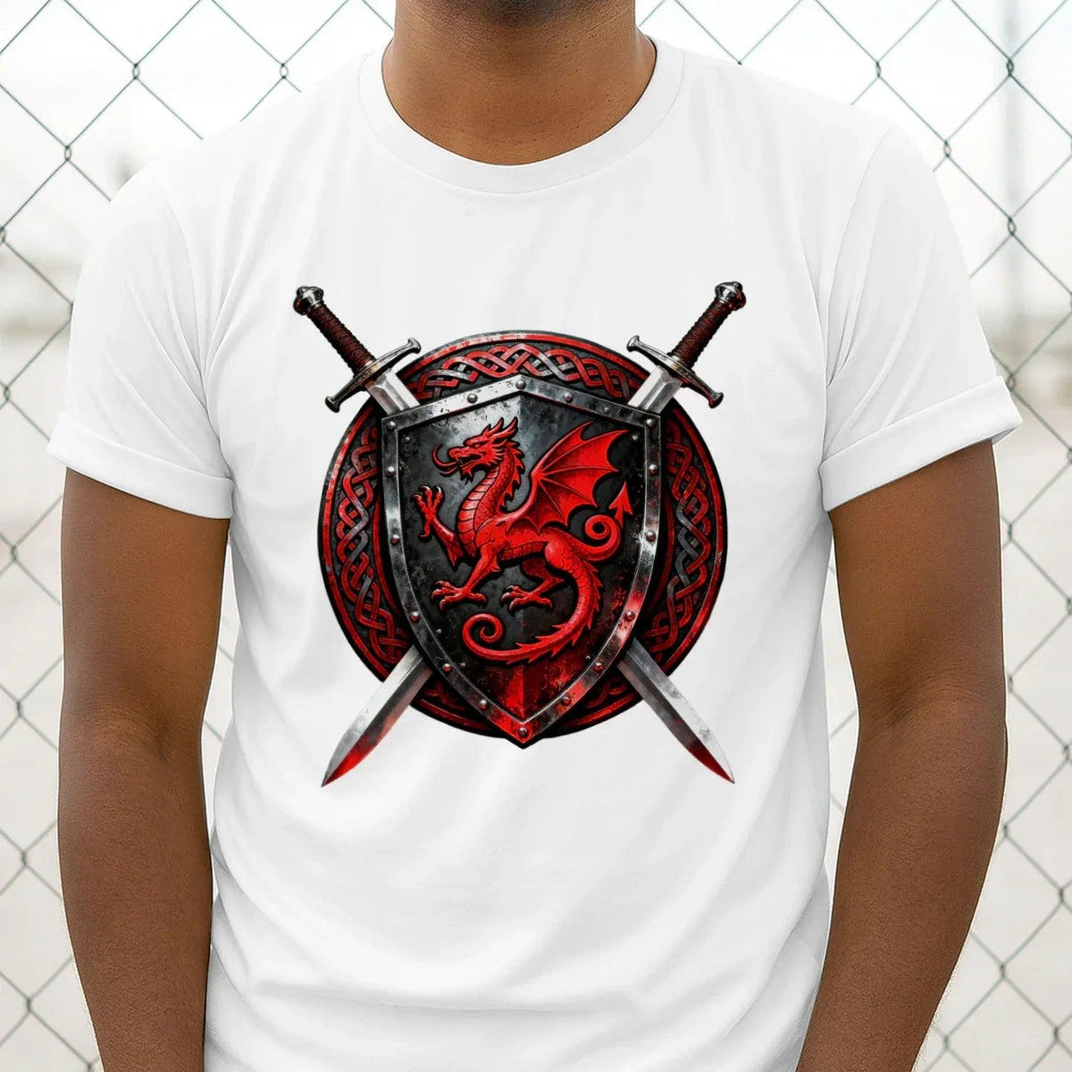 Men's white classic T-shirt close-up of red dragon shield and crossed swords chest graphic