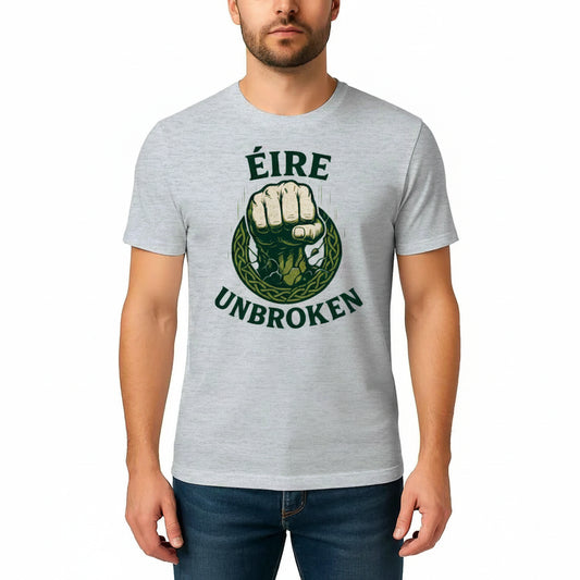 Light gray T-shirt with green "ÉIRE UNBROKEN" fist emblem — Ireland heritage t-shirt gift | Celtic Wolf Wear® UK